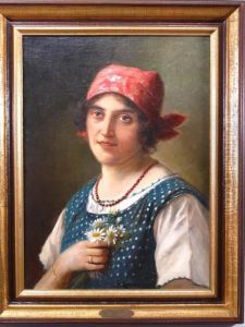 Portrat Einer Sennerin Mit Rotem Kopftuch, Einen Margeritenstrauss In Der Hand Haltend.