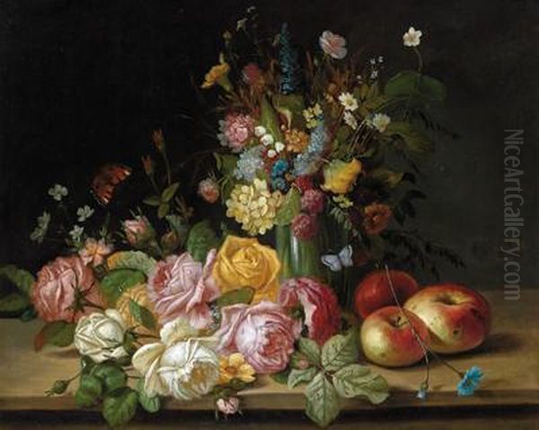 Blumenstuck Mit Rosen Undsommerblumen Und Apfel - view 1