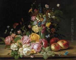 Blumenstuck Mit Rosen Undsommerblumen Und Apfel