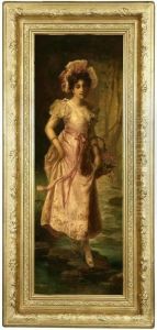 Maiden With Flower Basket Stepping On Stones Whilecrossing A Stream