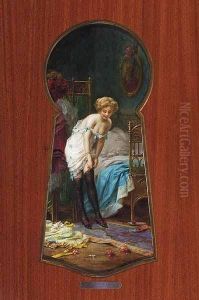 A Boudoir Scene, Through The Keyhole by Hans Zatzka