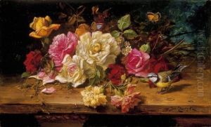 Fresh Flowers With Butterflies by Hans Zatzka
