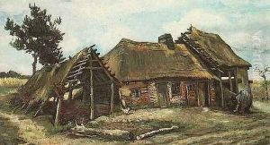 Cottage With Decrepit Barn And Stooping Woman