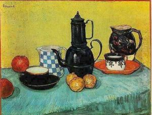 Blue Enamel Coffeepot Earthenware And Fruit