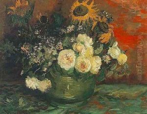 Bowl With Sunflowers Roses And Other Flowers by Vincent Van Gogh