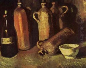 Still Life With Four Stone Bottles Flask And White Cup