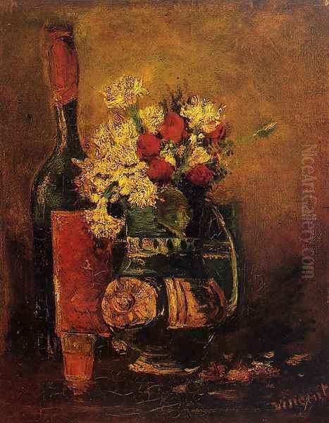 Vase With Carnations And Roses And A Bottle - view 1