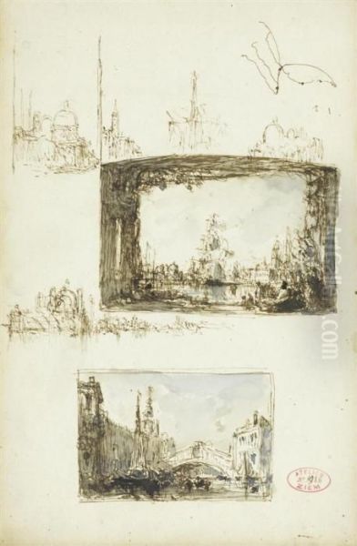 Sketch Sheet With Two Views Of Venice - Lagunawith Sailing Ship And The Rialto Bridge. by Felix Ziem