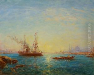 Bateau Pavoise Sur Le Bosphore Au Soleil Couchant