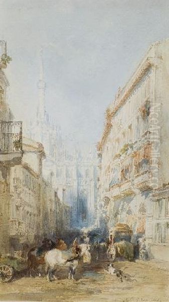 Vue Du Dome De La Cathedrale De Milan Depuis Une Ruelle, Des Caleches Au Premier Plan - view 1