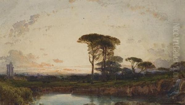 Des Pins Parasols A Palmyre Devant Un Lac, Des Ruines Antiques Sur La Gauche - view 1