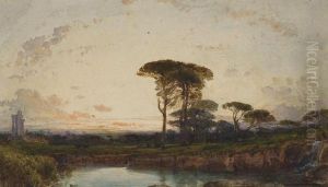 Des Pins Parasols A Palmyre Devant Un Lac, Des Ruines Antiques Sur La Gauche