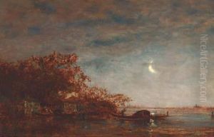 Gondolas On The Venetian Lagoon Under Moonlight by Felix Ziem