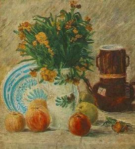 Vase With Flowers Coffeepot And Fruit