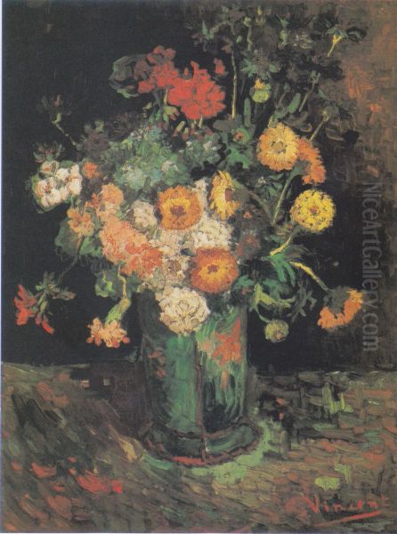 Vase With Zinnias And Geraniums - view 1