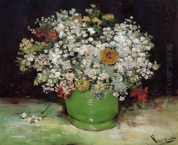 Vase With Zinnias And Other Flowers - view 1