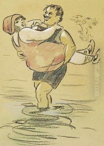 Badefreuden. Mann Tragt Frau Ins Wasser. Badefreuden. Mann Tragt Frau Ins Wasser.