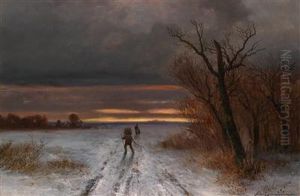 Winterlandschaft Mit Holzsammler Im Abendlicht