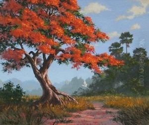 Florida Poinciana Landscape With Heron