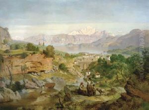 Figures In An Extensive Valley Landscape by August Albert Zimmermann