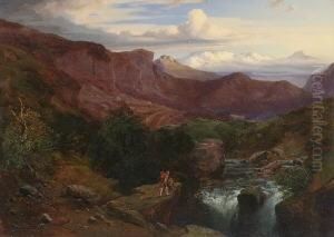 Zwei Wanderer Am Wasserfall Im
Gebirge. by August Albert Zimmermann