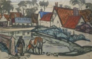 Paysanne Et Sa Vache A La Mare