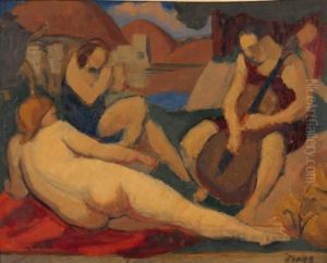 Femme Nue Allongee Et Violoncelliste Dansun Paysage