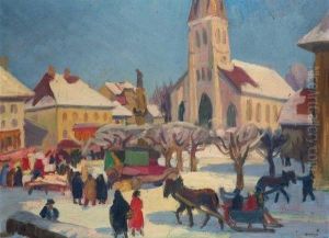 La Place Du Village Sous La Neige.