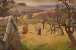 Promeneur Et Son Chien Dans Un Paysage D'automne