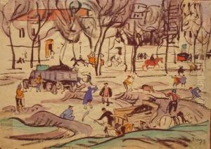 Paris, Les Travaux Aquarelle Sur Trait D'encre