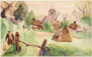 Paysage Anime Avec Meule De Foin, Fermes Eteglise. Paysage Anime Avec Meule De Foin, Fermes Eteglise.