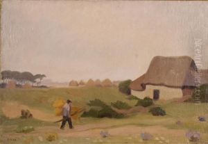 Emile Paysage Aux Meules Huiles Ur Toile Signee En Bas A Gauche by Jules Emile Zingg