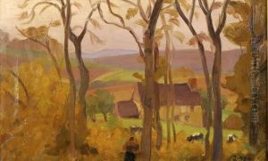Paysage Anime Huile Sur Panneau Signee En Bas A Droite by Jules Emile Zingg