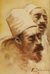 Zwei Bartige Mannerkopfe Mit Turkischerfezkopfbedeckung by Fausto Zonaro