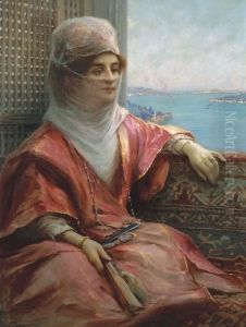 Portrait Of A Turkish Lady With The Bosphorus In Thebackground by Fausto Zonaro