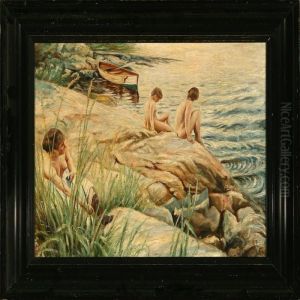 Girls Bathing At A Rocky Coast
