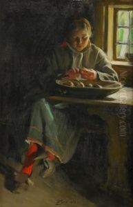 Peeling Potatoes - Interior With Peasant Woman by Anders Zorn