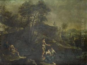 A Fisherman And Other Figures On
The Bank Of A Stream Before A Rocky Landscape With A Village In The
Distance by Francesco Zuccarelli