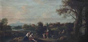 Paesaggio Con Borgo Fortificato In Lontananza E Famiglia Di Contadini In Primo Piano Paesaggio Con Borgo Fortificato In Lontananza E Famiglia Di Contadini In Primo Piano