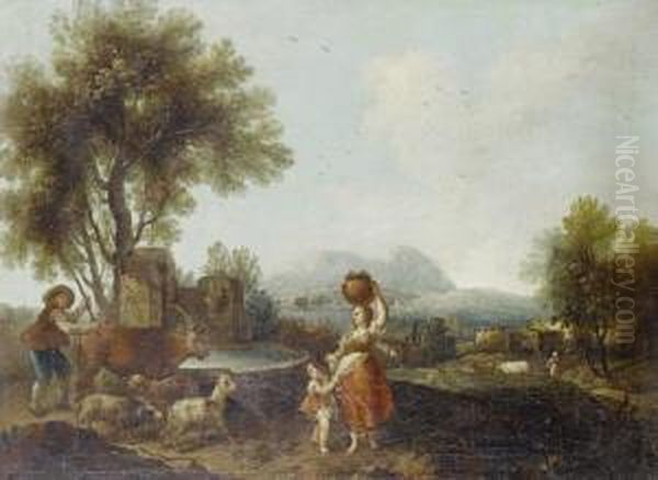 A Pastoral Landscape With A 
Washerwoman Andher Child Beside A Well, A Cowherd With His Livestock And
 A Countryvillage And Mountains Beyond - view 1