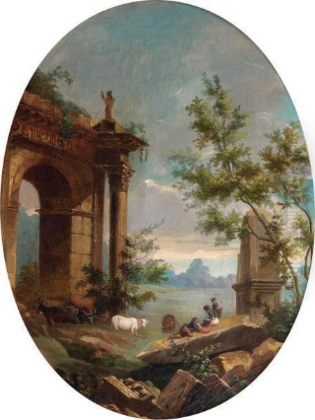 Paysage Au Troupeau Et Bergers Au Piedd'une Architecture Antique - view 1