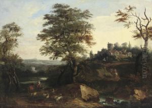 A Wooded River Landscape, With Shepherds And Their Cattle, A Townbeyond by Francesco Zuccarelli