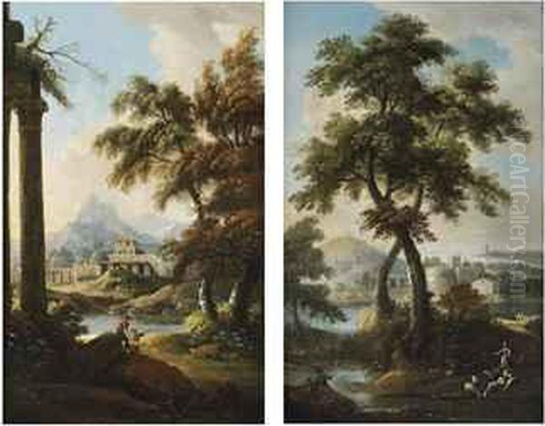 A Young Girl With Sheep In A River Landscape, A Castle Beyond - view 1