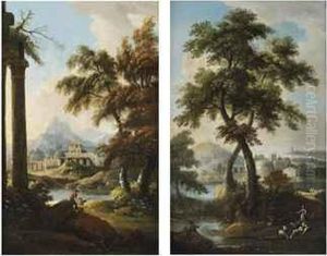 A Young Girl With Sheep In A River Landscape, A Castle Beyond by Francesco Zuccarelli