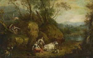 Felsige Baumlandschaft Mit Rastenden Hirten Und Vieh. by Francesco Zuccarelli