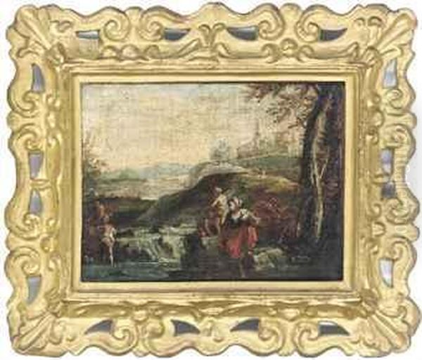An Italianate Landscape With Figures Washing Clothes At Awaterfall - view 1