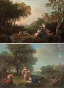 A Wooded River Landscape With
Figures Resting And Fishing, Cattlewatering At A River In The Distance;
And A Wooded Landscape Withfigures Resting And Fishing By A Stream by Francesco Zuccarelli
