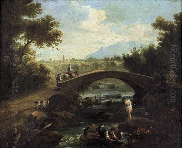 Paesaggio Fluviale Con Ponte, Viandanti E Pescatori - view 1