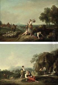 A Pastoral Landscape With Peasants Gathering Water, A Shepherd Andhis Flock