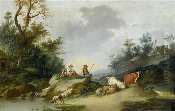 A Shepherd Couplewith Animals In A Mediterranean Landscape - view 1